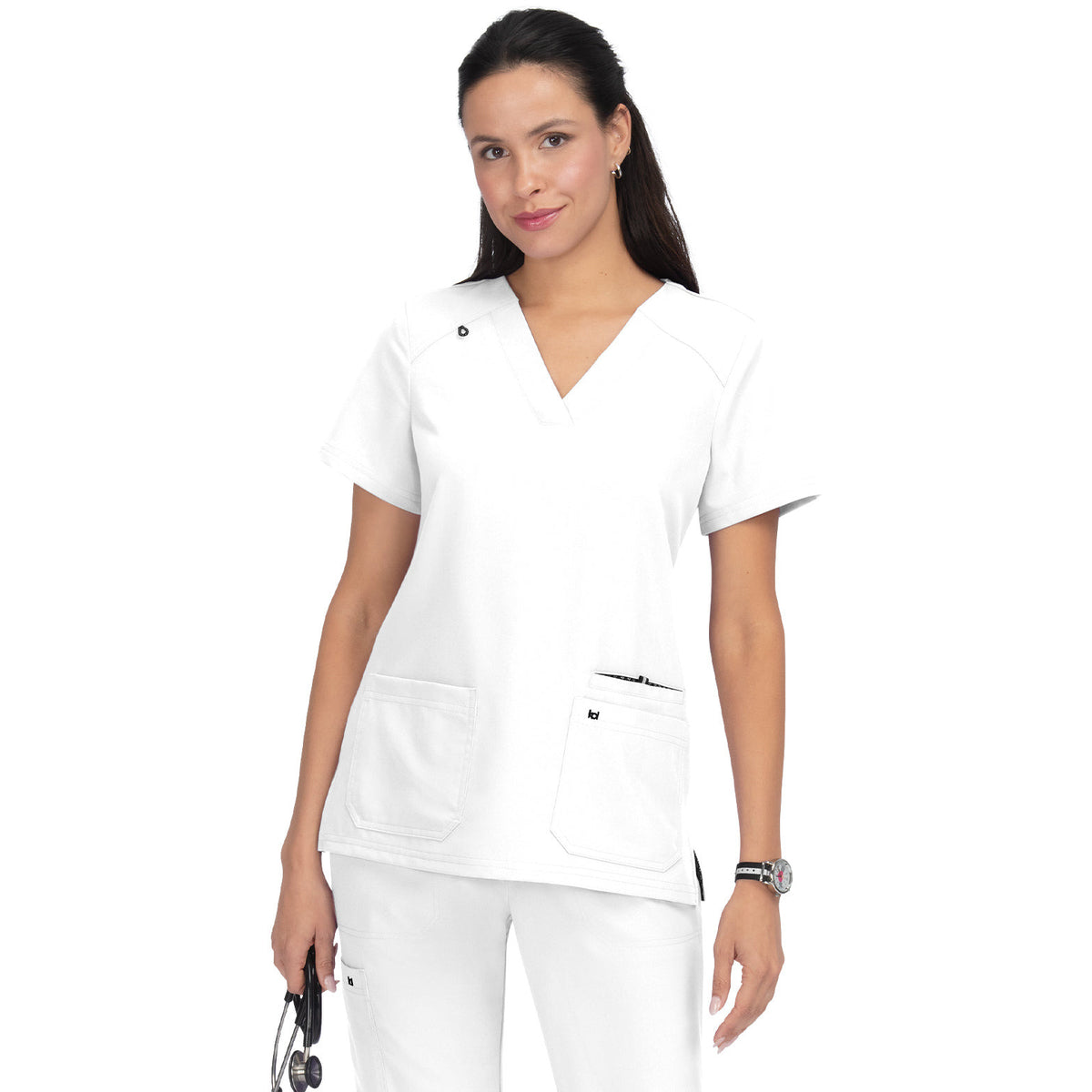KOI Next Gen Women's 3-Pocket Wide V-Neck Stretch Hustle and Heart Top