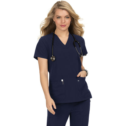KOI Next Gen Women's 3-Pocket Wide V-Neck Stretch Hustle and Heart Top