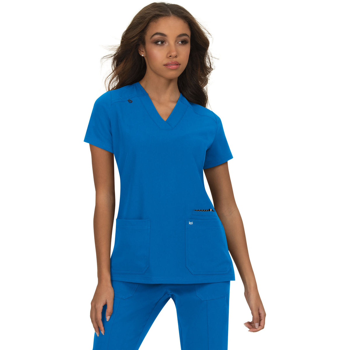 KOI Next Gen Women's 3-Pocket Wide V-Neck Stretch Hustle and Heart Top