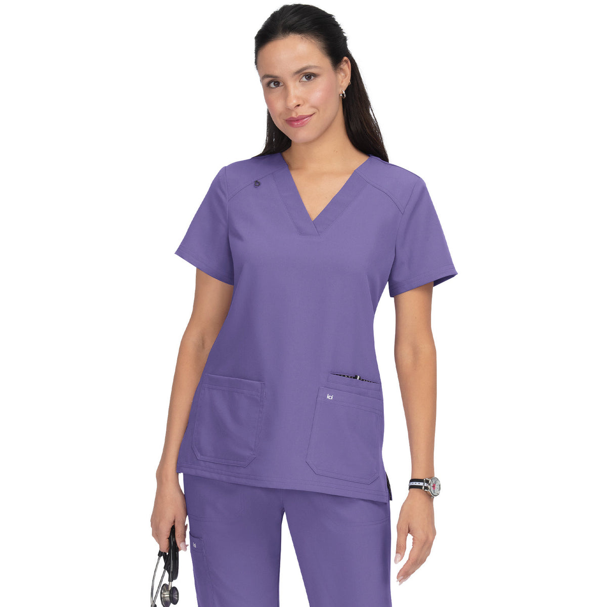 KOI Next Gen Women's 3-Pocket Wide V-Neck Stretch Hustle and Heart Top