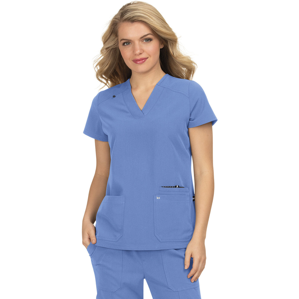 KOI Next Gen Women's 3-Pocket Wide V-Neck Stretch Hustle and Heart Top
