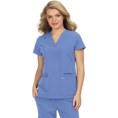 KOI Next Gen Women's 3-Pocket Wide V-Neck Stretch Hustle and Heart Top