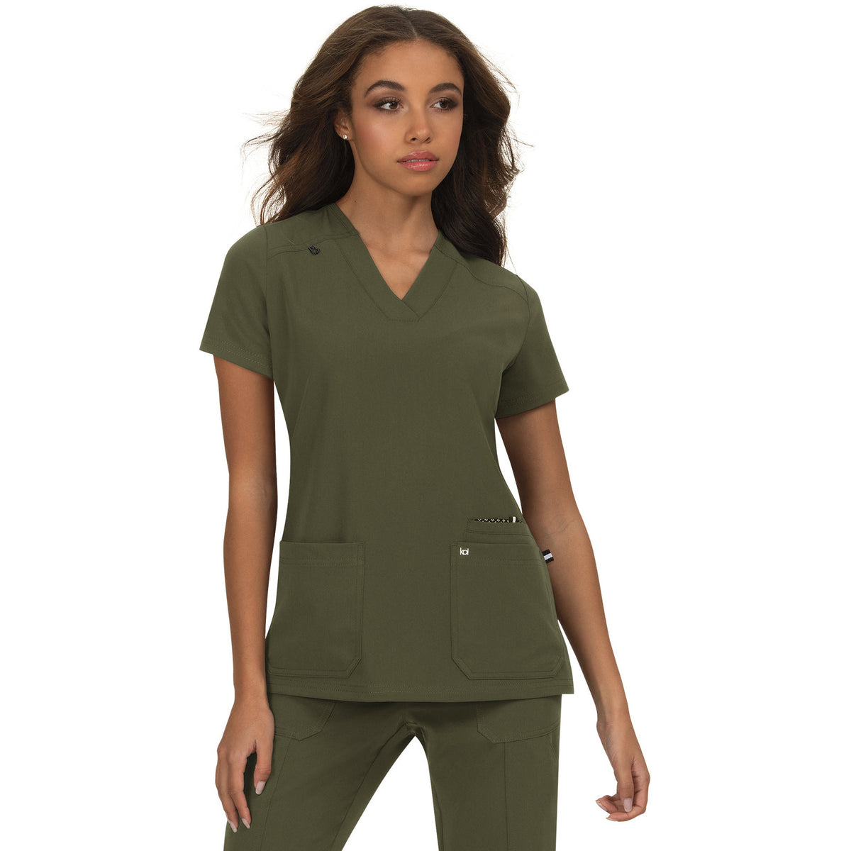 KOI Next Gen Women's 3-Pocket Wide V-Neck Stretch Hustle and Heart Top