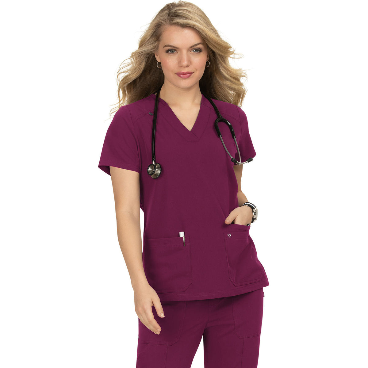 KOI Next Gen Women's 3-Pocket Wide V-Neck Stretch Hustle and Heart Top