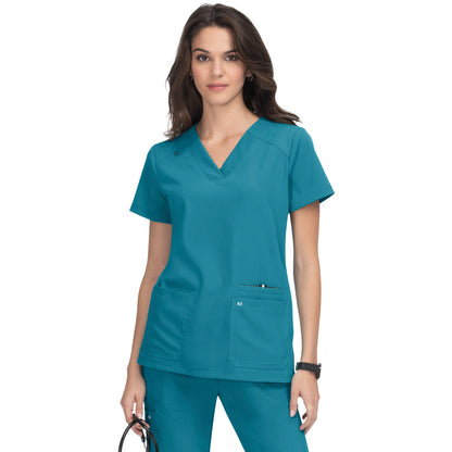 KOI Next Gen Women's 3-Pocket Wide V-Neck Stretch Hustle and Heart Top