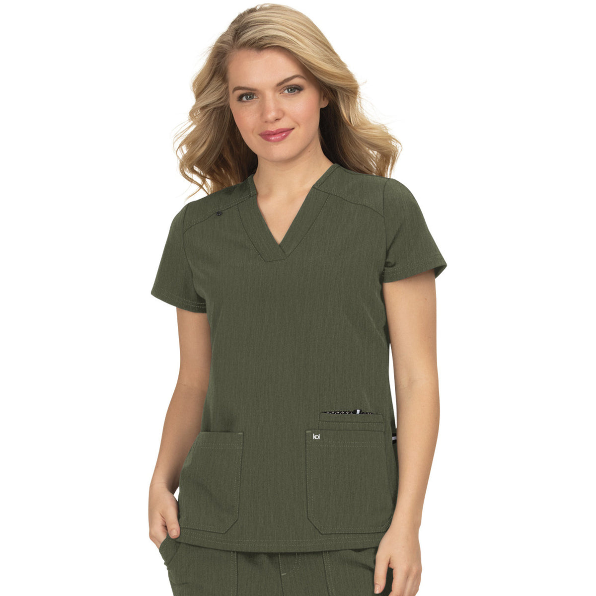 KOI Next Gen Women's 3-Pocket Wide V-Neck Stretch Hustle and Heart Top