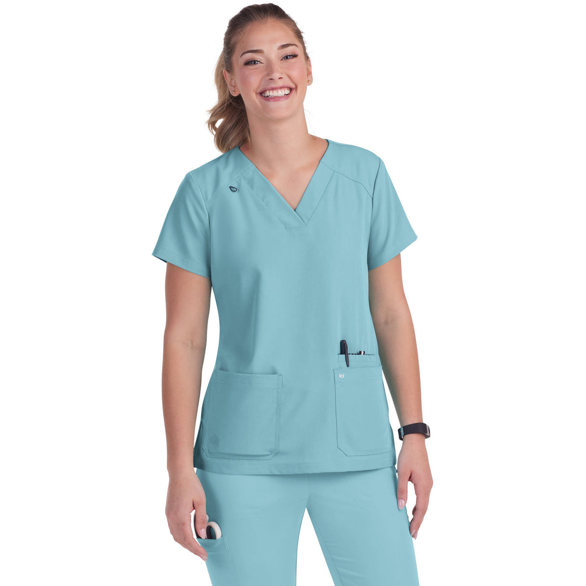 KOI Next Gen Women's 3-Pocket Wide V-Neck Stretch Hustle and Heart Top
