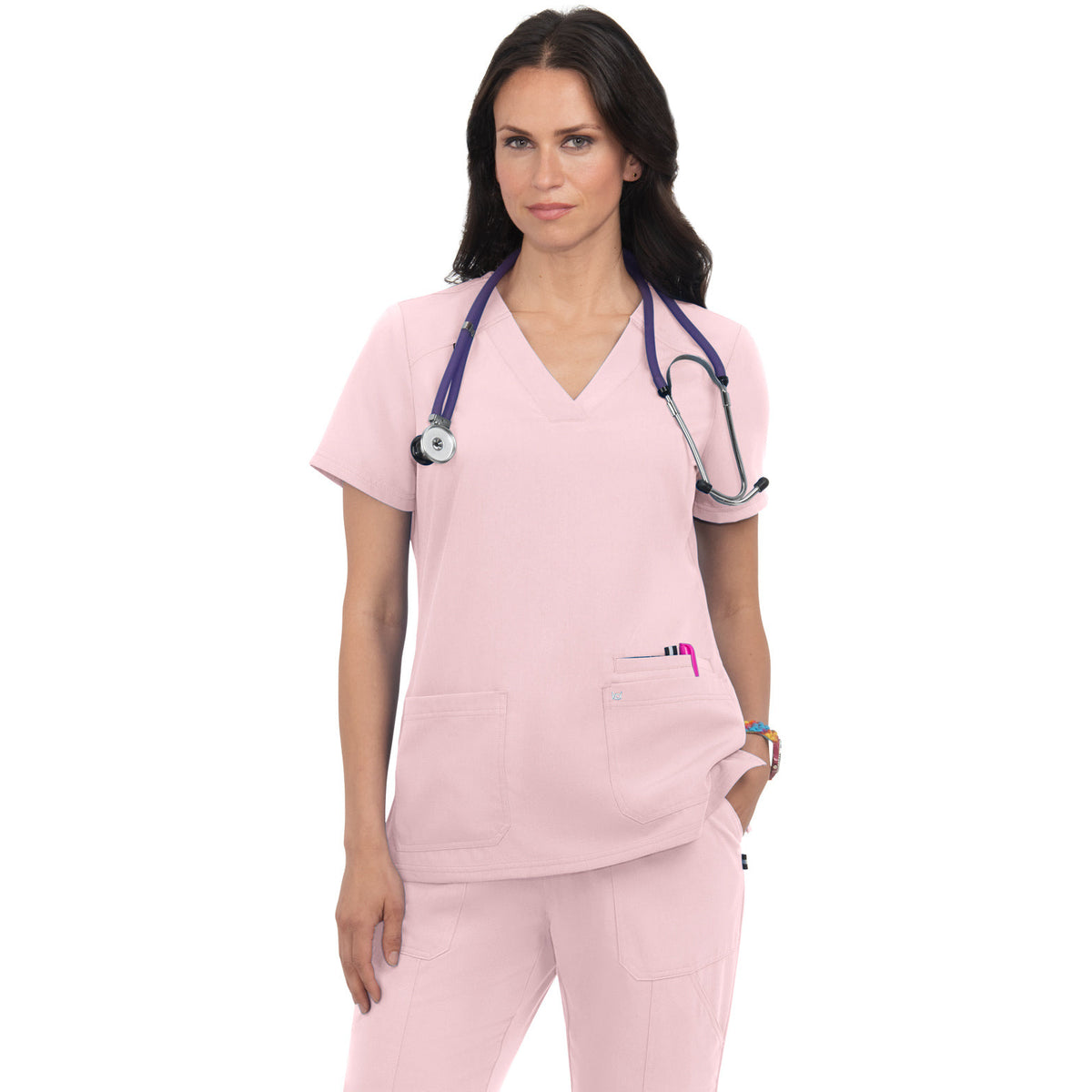 KOI Next Gen Women's 3-Pocket Wide V-Neck Stretch Hustle and Heart Top