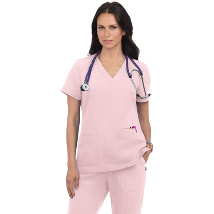 KOI Next Gen Women's 3-Pocket Wide V-Neck Stretch Hustle and Heart Top