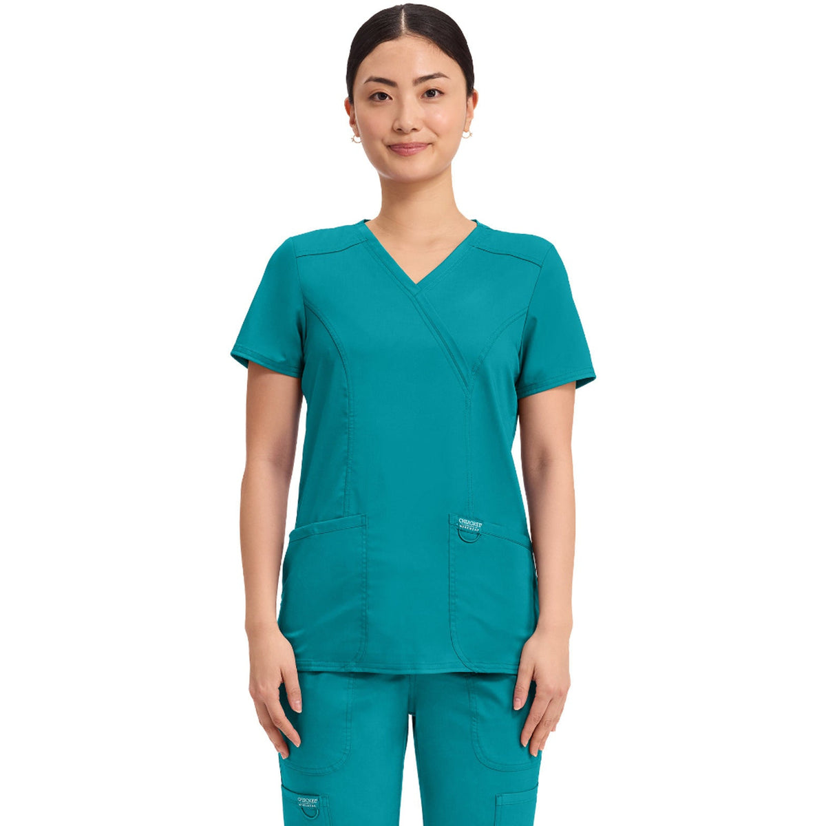 Cherokee Workwear Revolution Women's 2-Pocket Mock Wrap Top